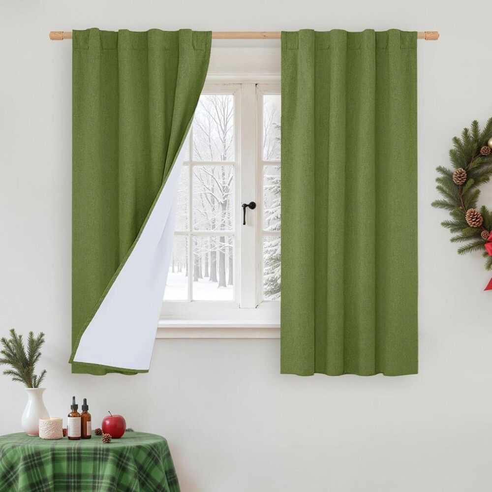 Brand New Lamit Olive Green 100% Blackout Linen Curtains 38"W × 45"L – 2 Panels